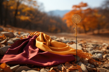 A Bodhi Day prayer flag blowing in the wind, carrying blessings and positive energy. Generative Ai.