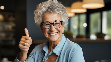 Cheerful woman with short gray hair smiling and wearing eyeglasses. - obrazy, fototapety, plakaty