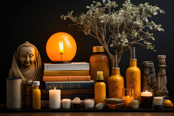 A Bodhi Day-themed bookshelf filled with Buddhist scriptures and literature on enlightenment. Generative Ai.