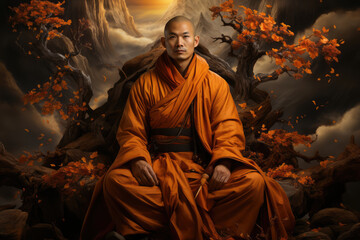 A Bodhi Day mural depicting the Buddha's enlightenment story, inspiring those who view it. Generative Ai.