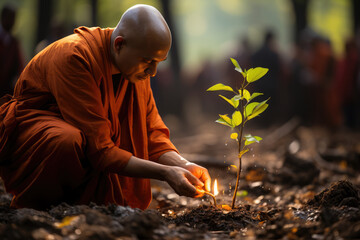 A Bodhi tree sapling being planted as a symbol of spiritual growth and the continuation of Buddhist teachings. Generative Ai. - obrazy, fototapety, plakaty
