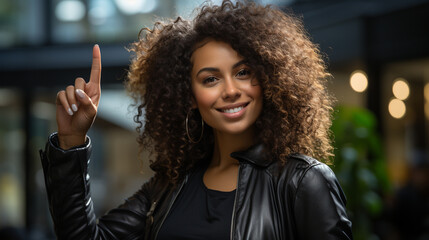 Cheerful afro woman with hand and thumb up curly hair smiling in front view portrait