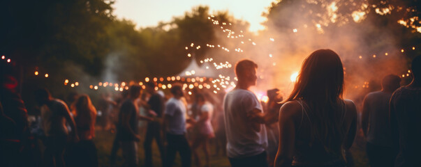 Festival Event Party with Hipster People Blurred Background - obrazy, fototapety, plakaty