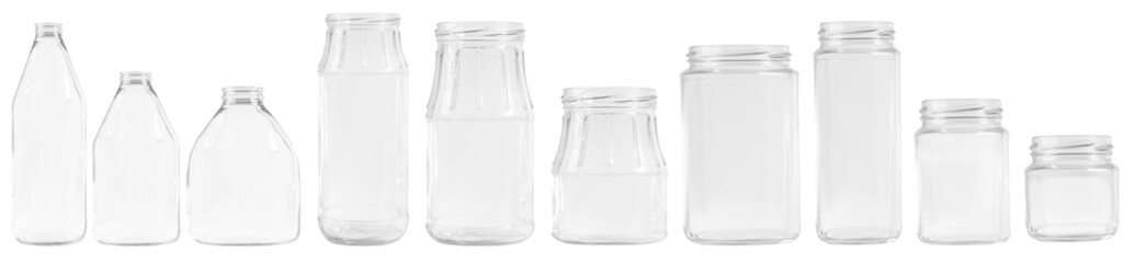 Kit. transparent glass jars of different shapes and sizes. on an empty background. PNG