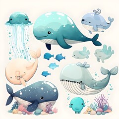 2d art collection of sea animals whale dolphin sea turtle jellyfish clear lines detailed kawaii white background margin 