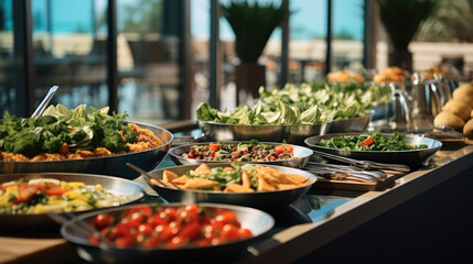 Salad bar with fresh vegetables in hotel buffet, Buffet table. - obrazy, fototapety, plakaty