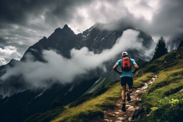 An ultra trail runner trains in a beautiful mountain, with an incredible backdrop of snowy peaks. Sports concept, trail running, hiking. - obrazy, fototapety, plakaty