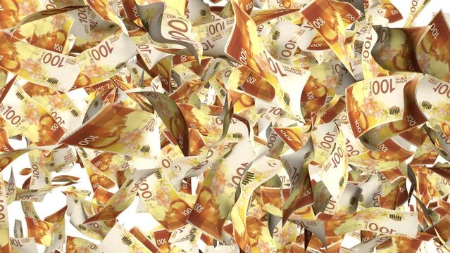 100 Shekel money transition. Many banknotes falling isolated on white background. Cash rain.