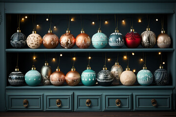 Classic style store shelves with colorful Christmas tree decorations Copy space.