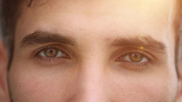 Detailed portrait of confident and calm guy staring at camera.