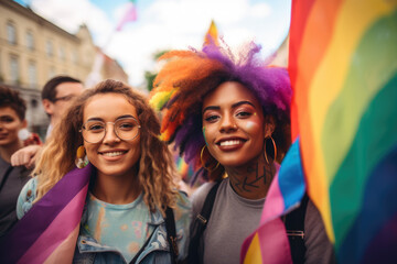 Fototapeta premium Group of people with rainbow flags and banners during Gay Pride event