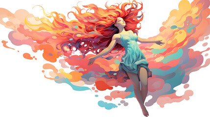 An illustration of a woman flying in the air, colorful hair