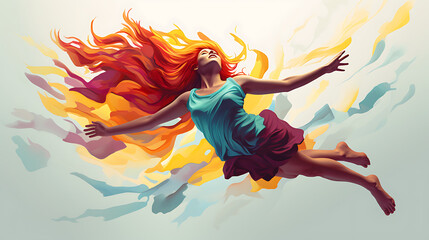 Obraz premium An illustration of a woman flying in the air, colorful hair