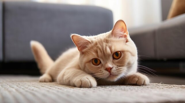 Cute red scottish fold cat with orange eyes lying