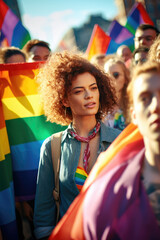 Group of people with rainbow flags and banners during Gay Pride event