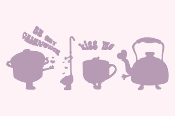 Illustration of Valentine's Day. Cute saucepan loves a good ladle. A mug girl loves a teapot boy.