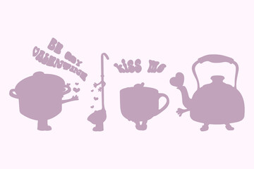 Illustration of Valentine's Day. Cute saucepan loves a good ladle. A mug girl loves a teapot boy.