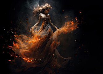 ballerina, a young woman in a long gown is dancing on a dark background, in the style of cosmic imagery, flowing textures, mixes realistic and fantastical elements. - obrazy, fototapety, plakaty