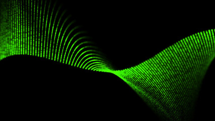 Green dynamic wave background. Structure with dots on the dark backdrop. Futuristic network connection or DNA. Big data visualization. 3D rendering.