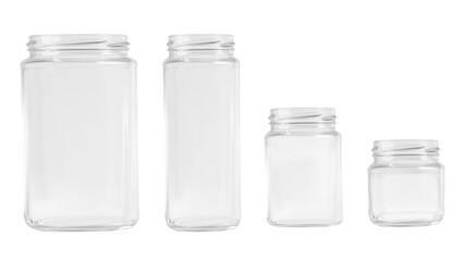 Kit. transparent glass jars of different shapes and sizes. on an empty background. PNG