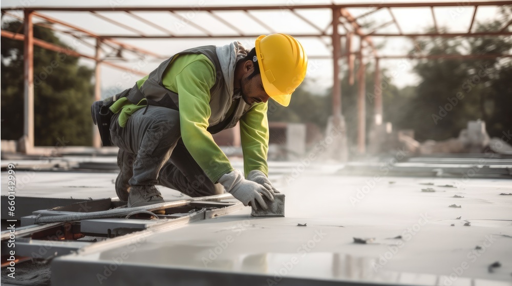 Poster A worker is using a tool to cut concrete slabs at building sites.