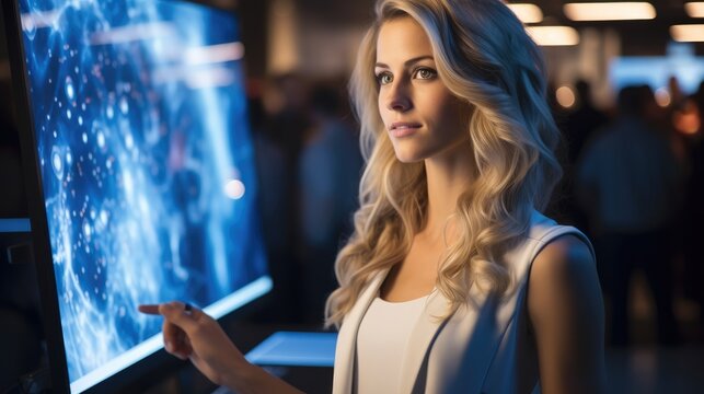 Woman scientist presenting her research findings at a conference.