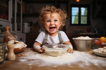 Happy and funny kid bakes cookies in kitchen - obrazy, fototapety, plakaty