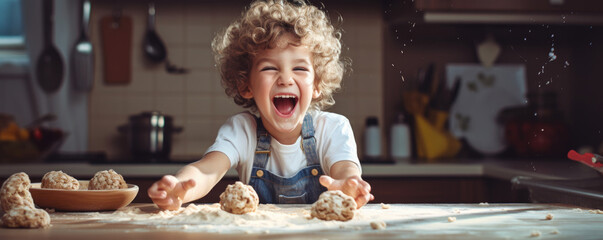 Happy and funny kid bakes cookies in kitchen