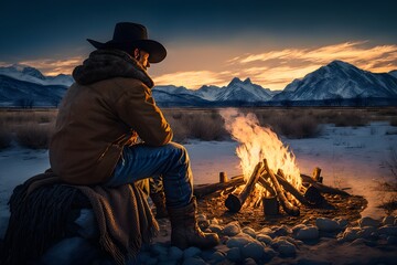 a tired lonesome cowboy sitting at his campfire in the foothills of a snowy mountain chain at sunset dramatic composition volumetric lighting photorealistic ultra wide angle lens UHD 16k depth of  - obrazy, fototapety, plakaty