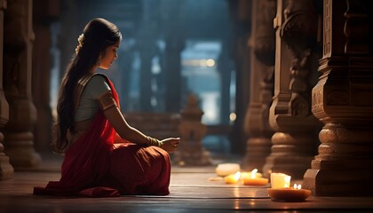 Young hindu woman in prayer at a temple