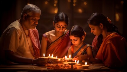 Hindu family performing candlelit prayer
