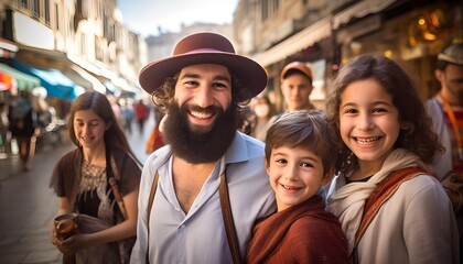 Naklejka premium Joyful jewish family enjoying time in the city