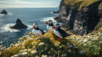 black and white puffin birds sit on green rocky shore against the backdrop of the sea in Iceland, north, ocean, island, landscape, fauna, flowers, red beaks and paws, grass, sky, mountains, coastline - obrazy, fototapety, plakaty