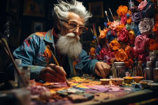A close-up portrait of an elderly artist at work in their studio, their hands covered in paint, and their eyes filled with creativity