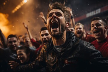 Fototapeta premium A dynamic sports scene capturing the intensity of a soccer match, with players in action and fans cheering from the stands