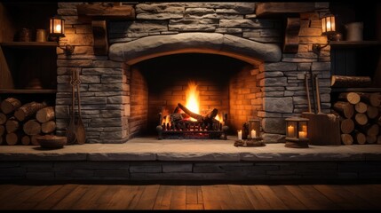 The fireplace in the house, Stone fireplace ablaze.