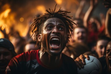 A dynamic sports scene capturing the intensity of a soccer match, with players in action and fans cheering from the stands - obrazy, fototapety, plakaty