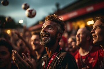 A dynamic sports scene capturing the intensity of a soccer match, with players in action and fans cheering from the stands - obrazy, fototapety, plakaty