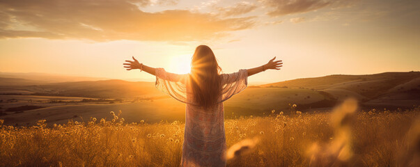 Happy woman standing with her back on sunset in nature with open hands