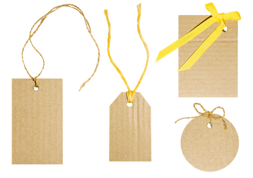 Set/set of brown tags with cord or thread made of natural craft paper and cardboard. Different shapes and positions. Light colored thread. Cut out on a blank background. PNG