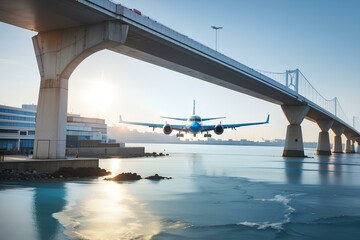 A passenger plane passes under a bridge in the morning with blue water - obrazy, fototapety, plakaty