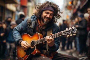 A street musician passionately playing a guitar on a bustling city corner, drawing a crowd of...