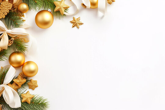 Merry Christmas Happy Holidays greeting card gold baubles and stars with white bows on the white background xmas banner New Year Christmas Noel top view festive christmas image