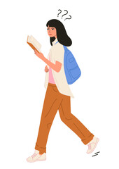 Female student studying with a book.Vector illustration. Educational and Self-Development. Concept for trainings, seminars, online courses.College student. Isolated vector illustration.