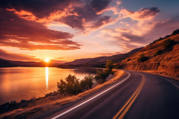 Lake and road at sunset - obrazy, fototapety, plakaty