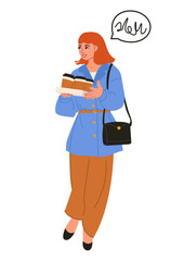 Yong female student with coffee cups. Businesswoman. Student life. Education and learning. Modern flat design illustration.