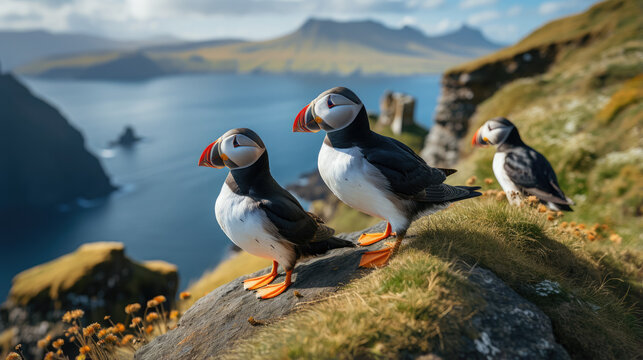 black and white puffin birds sit on green rocky shore against the backdrop of the sea in Iceland, north, ocean, island, landscape, fauna, flowers, red beaks and paws, grass, sky, mountains, coastline
