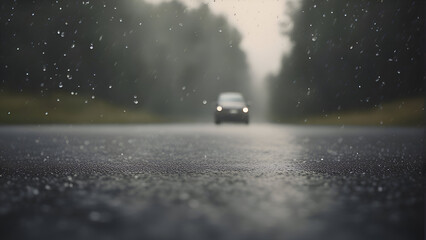 Driving on wet asphalt in the rain. Blurred background.