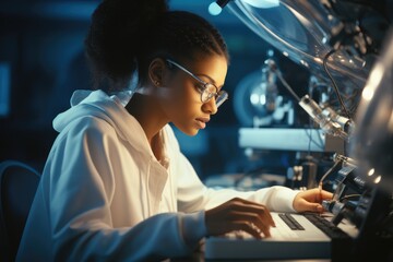 African woman working in hi-tech computerized laboratory.