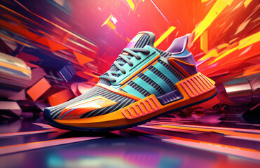 In the Metaverse: Striking bright trainers, NFTs, E-commerce, fashion trend. Stand out.